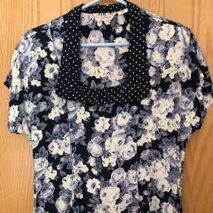Vintage Bila California 80s Version Retro Polka Dot 1940s Blue Rose Floral Dress